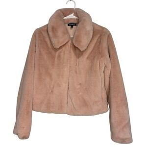 Express Womens Dusty Rose Pink Faux Fur Cropped Jacket Coat XS Hook Eye Closure